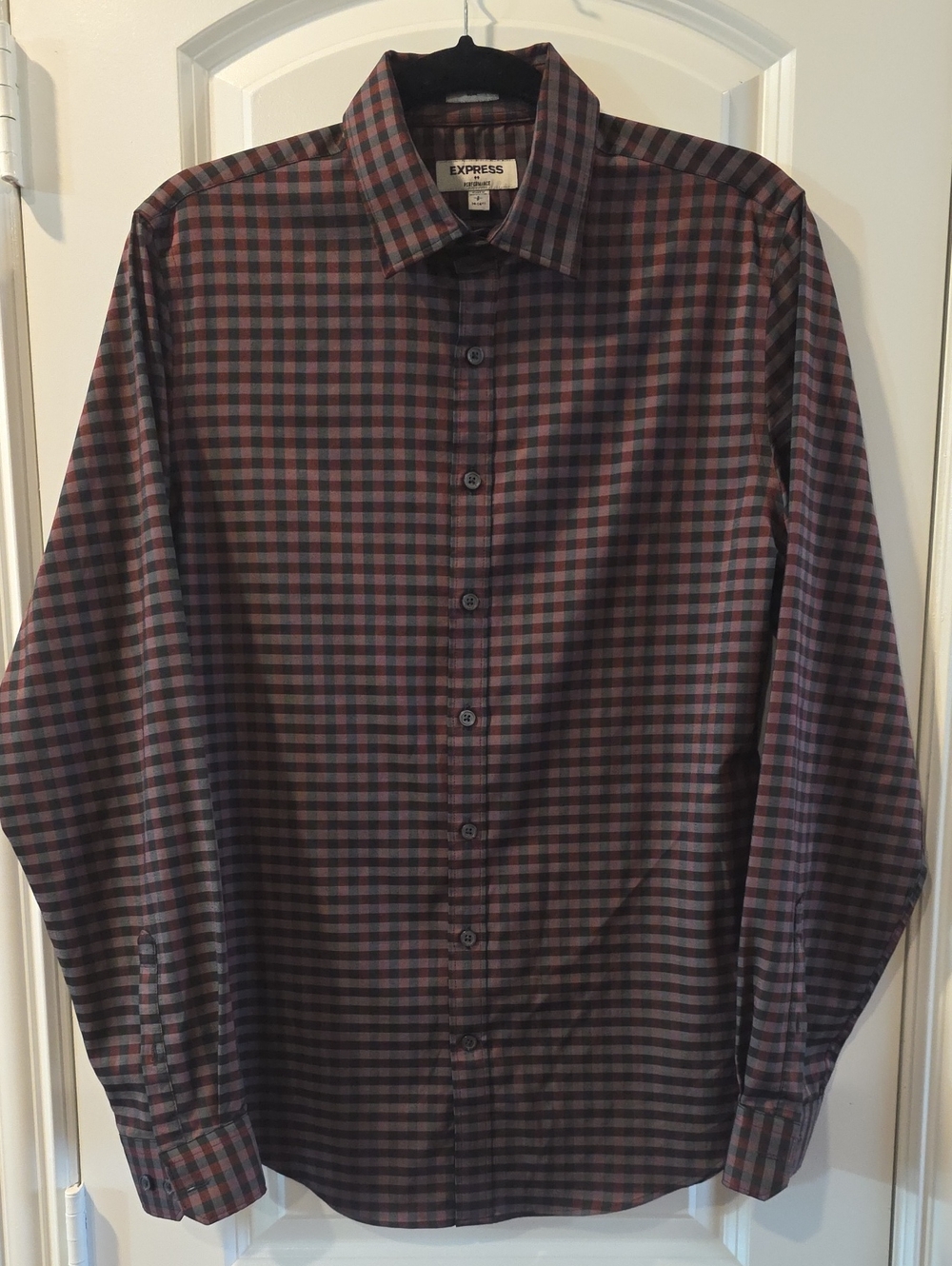 Express Men’s Long-Sleeve Check Shirt in Burgundy and Black - Performance Line